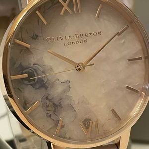 Olivia Burton Semi precious rose quartz blosson leather strap watch
